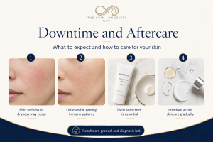 PRX Plus aftercare guide showing possible mild redness, light flaking, daily sunscreen and gradual reintroduction of active skincare.