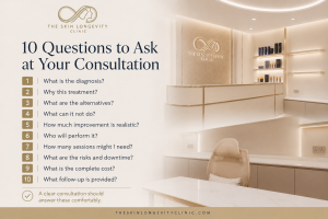 Ten questions to ask at an aesthetic clinic consultation, including diagnosis, alternatives, realistic results, risks, costs and follow-up
