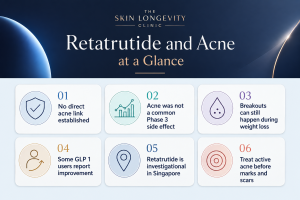 Six-part infographic summarising retatrutide and acne evidence, Phase 3 side-effect reporting, Singapore availability and treatment priorities.