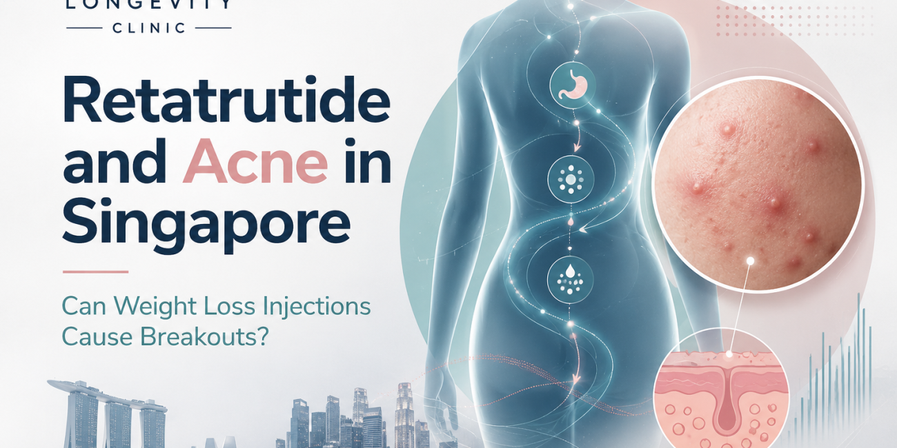 Medical illustration of the body and acne-prone skin introducing Dr Rachel Ho’s guide to retatrutide, weight loss injections and breakouts in Singapore.