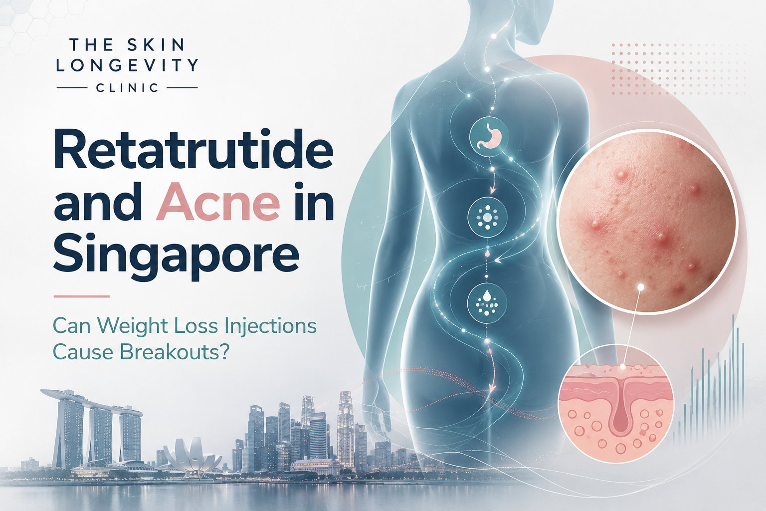 Medical illustration of the body and acne-prone skin introducing Dr Rachel Ho’s guide to retatrutide, weight loss injections and breakouts in Singapore.