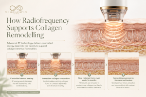 Medical infographic showing radiofrequency heating the abdominal dermis, followed by collagen contraction and gradual collagen remodelling.