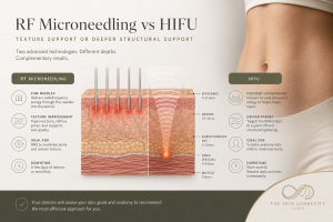 RF microneedling vs HIFU for the abdomen showing differences in treatment depth, texture support, structural support and downtime