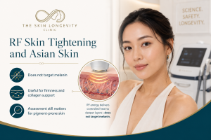 Asian woman with infographic explaining radiofrequency skin tightening for Asian skin and pigment-prone skin.