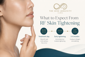 Woman with infographic showing the expected RF skin tightening timeline from treatment day to collagen remodelling.