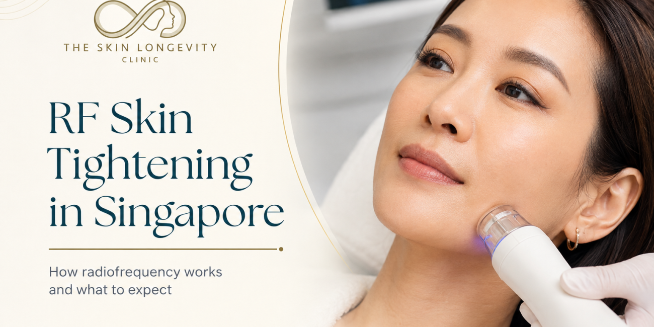 Asian woman receiving a non-invasive radiofrequency skin tightening treatment on the lower face in a medical aesthetic clinic in Singapore.