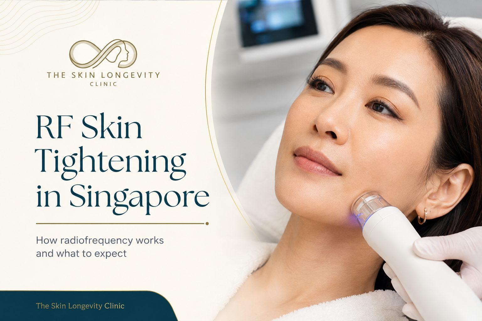 Asian woman receiving a non-invasive radiofrequency skin tightening treatment on the lower face in a medical aesthetic clinic in Singapore.