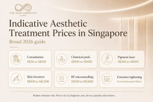 Infographic showing indicative Singapore prices for consultations, chemical peels, pigment laser, skin boosters, RF microneedling and skin tightening.