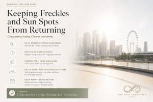 Singapore maintenance guide for freckles and sun spots with sunscreen, reapplication, shade, hats and early review.