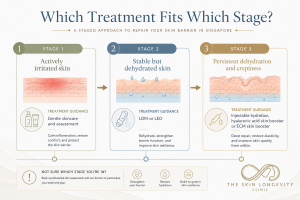 Three-stage treatment guide from actively irritated skin to stable dehydration and persistent crepiness needing dermal hydration support.