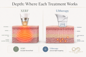 Skin layer illustration showing broad XERF radiofrequency heating and focal Ultherapy depth targeting for facial laxity.