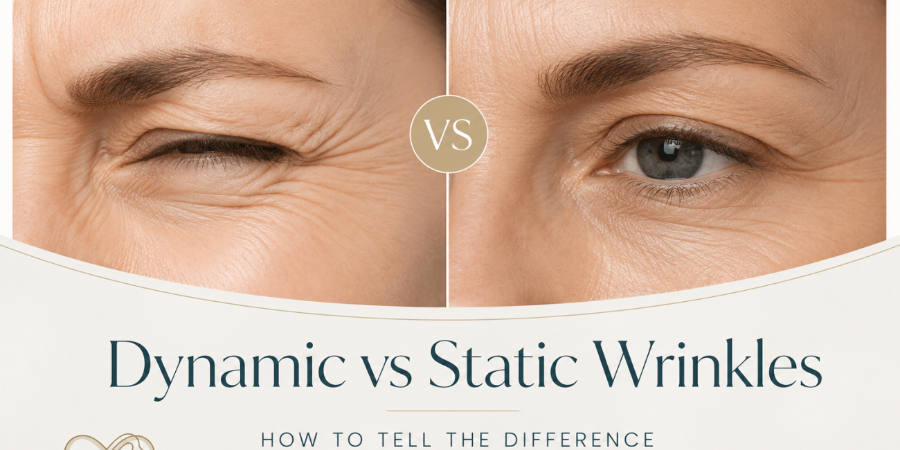 Close up comparison of eye area wrinkles showing movement lines during expression versus resting lines at rest, illustrating dynamic versus static wrinkles.