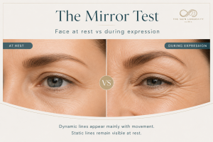 Side by side close up of the eye area at rest and during expression to show how the mirror test helps distinguish static wrinkles from dynamic wrinkles.