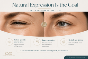 Comparison image of facial expression lines with text explaining that subtle wrinkle treatment aims to preserve natural expression.