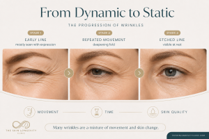 Three stage comparison showing an early movement line progressing into a deeper wrinkle that becomes visible at rest.