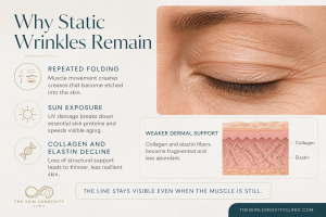 Educational graphic explaining static wrinkles with close up of resting eye lines and a skin diagram showing collagen and elastin decline.