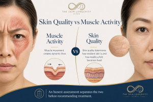 Graphic comparing muscle activity and skin quality as two causes of facial wrinkles.