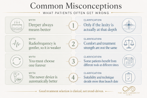 Myth and fact guide about skin tightening depth, treatment comfort, combining procedures and newer aesthetic devices.