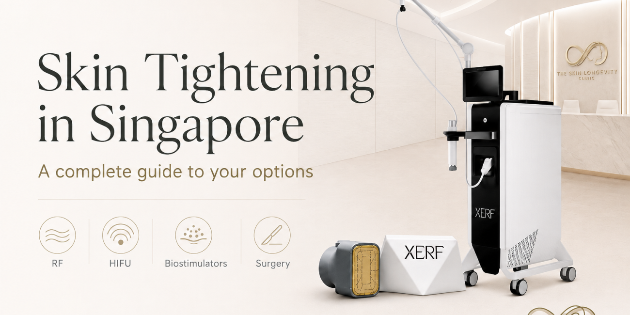 Skin tightening guide in Singapore showing XERF radiofrequency equipment inside The Skin Longevity Clinic.