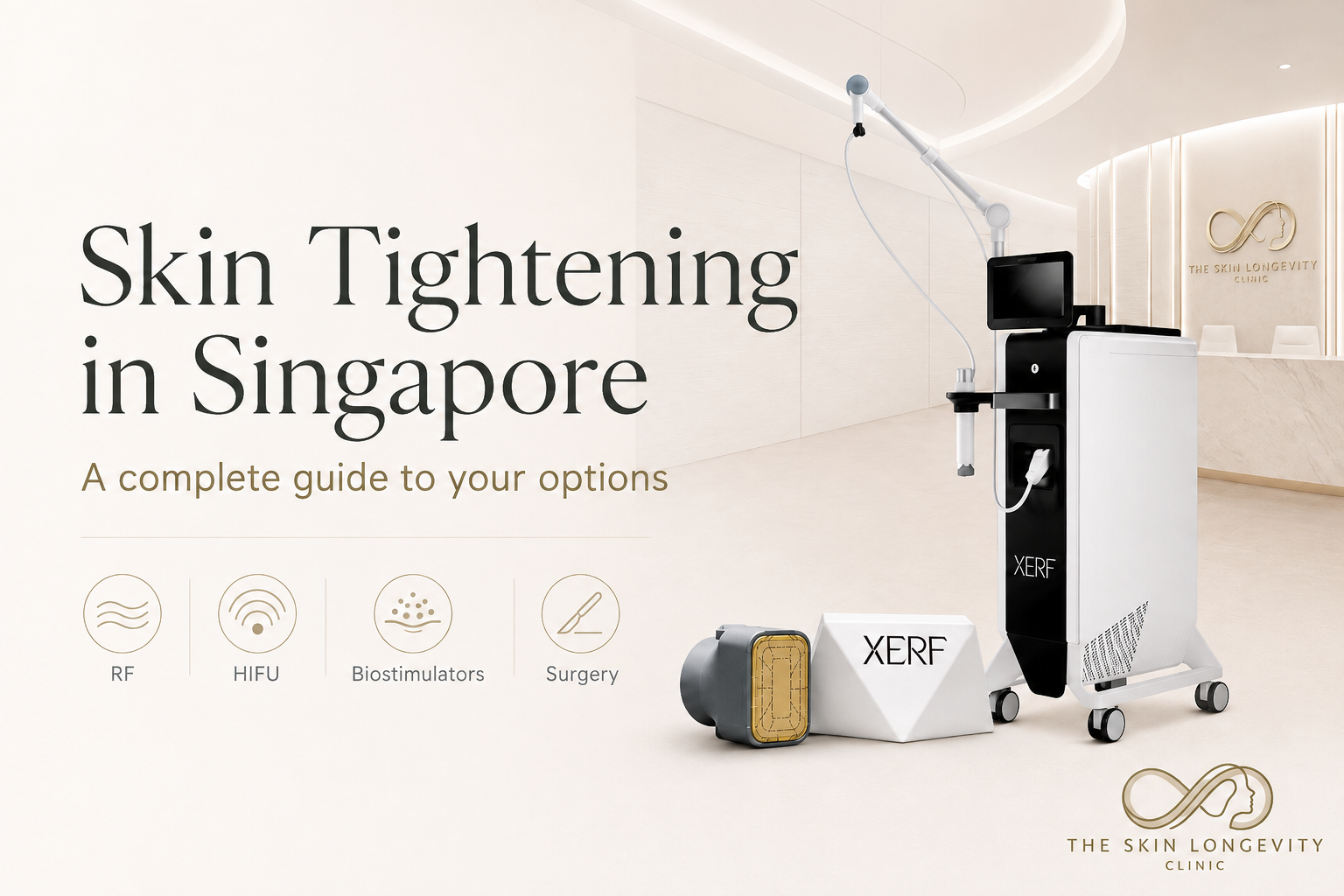 Skin tightening guide in Singapore showing XERF radiofrequency equipment inside The Skin Longevity Clinic.