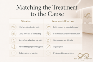 Cause-based chart matching skin laxity, volume loss, scarring and advanced sagging with treatment categories.