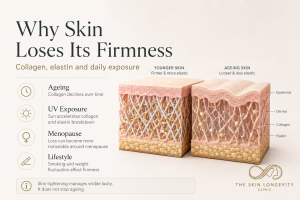 Medical illustration comparing collagen and elastin in younger and ageing skin with causes of reduced firmness.