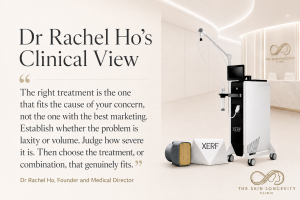 Dr Rachel Ho clinical quote beside XERF radiofrequency equipment at The Skin Longevity Clinic in Singapore.
