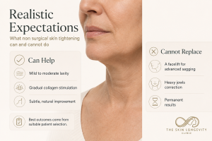 Hyperrealistic lower face and neck showing the benefits and limitations of non-surgical skin tightening.