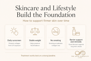 Infographic showing sunscreen, stable weight, no smoking and barrier-supporting skincare for firmer skin.