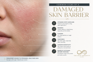 Hyperrealistic close-up of red, flaky facial skin with stinging, tightness and sudden sensitivity from barrier disruption.