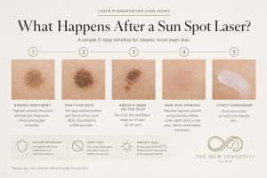 Five-stage healing sequence after laser treatment of a solar lentigo, including darkening, crusting, flaking and sun protection.