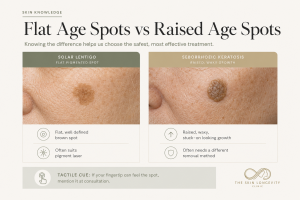 Flat solar lentigo compared with a raised seborrhoeic keratosis, explaining why different removal methods are used.