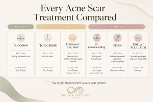 Comparison of subcision, TCA CROSS, fractional carbon dioxide laser, RF microneedling, PDRN and collagen biostimulators for acne scars.