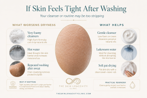 Infographic showing what worsens dryness after washing and what helps, including cleanser choice, water temperature and gentle drying.