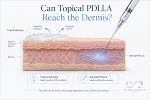 Medical skin cross-section showing topical PDLLA above the stratum corneum and injectable PDLLA delivered into the dermis.