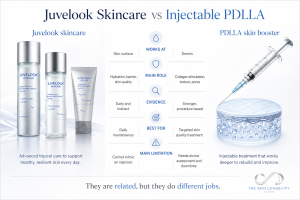 Side-by-side comparison of Juvelook skincare acting at the skin surface and injectable PDLLA placed within the dermis.