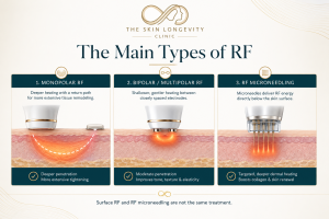 Comparison of monopolar RF, bipolar or multipolar RF, and RF microneedling in skin tightening treatments.