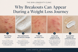 Clinical infographic showing five possible causes of breakouts during weight loss, including acne flares, skincare changes, folliculitis and skin reactions.