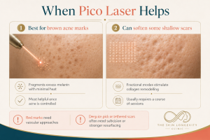 Medical infographic explaining when pico laser may be useful for post acne pigmentation, especially persistent brown marks, as part of an acne marks treatment plan.