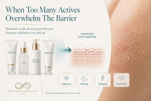 Infographic showing retinoids, acids, benzoyl peroxide and exfoliation contributing to a damaged skin barrier with tightness, flaking, stinging and sensitivity.