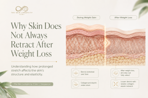 Comparison of abdominal skin during weight gain and after weight loss, showing stretched collagen and elastin with incomplete skin retraction.