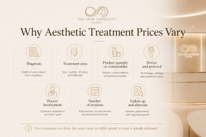 Infographic listing diagnosis, treatment area, product quantity, device protocol, doctor involvement, sessions and aftercare as price factors.