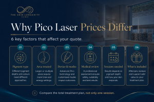 Six factors affecting Pico laser prices in Singapore: pigment type, area treated, technology, medical review, sessions and inclusions.