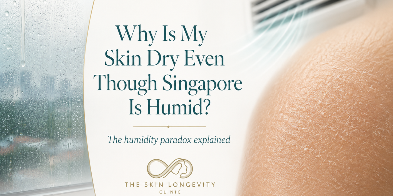 Illustration explaining why skin can still feel dry in humid Singapore, with condensation on a window, indoor cooling and visibly dry skin texture.