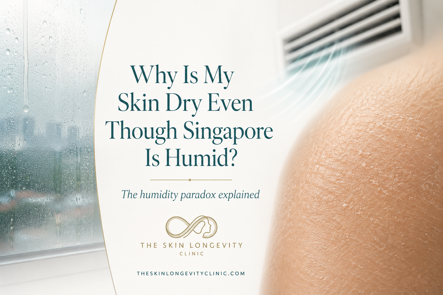 Illustration explaining why skin can still feel dry in humid Singapore, with condensation on a window, indoor cooling and visibly dry skin texture.