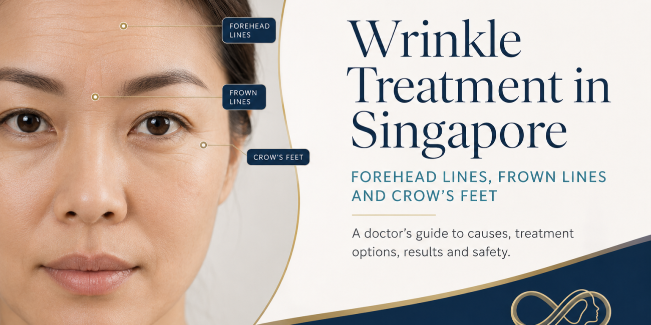Wrinkle treatment in Singapore guide showing forehead lines, frown lines and crow’s feet on a woman’s face.