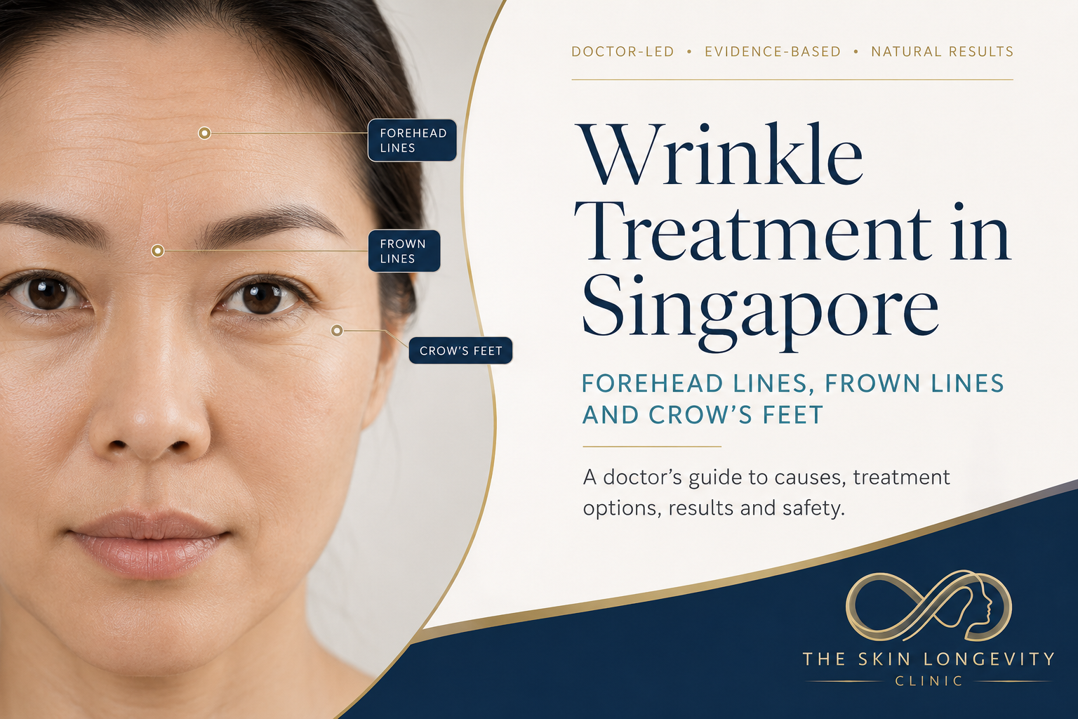 Wrinkle treatment in Singapore guide showing forehead lines, frown lines and crow’s feet on a woman’s face.