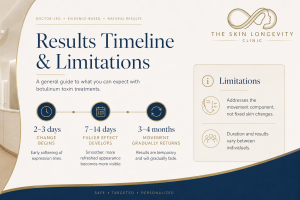 Timeline graphic showing wrinkle-treatment results beginning in two to three days, fuller effect in seven to fourteen days and duration of three to four months