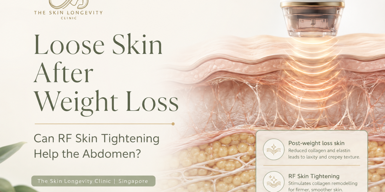 Medical illustration of XERF radiofrequency treatment delivering controlled energy into loose abdominal skin after weight loss.