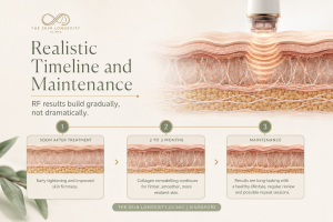 Timeline showing early abdominal skin tightening after XERF, collagen remodelling over two to three months and possible maintenance treatment.